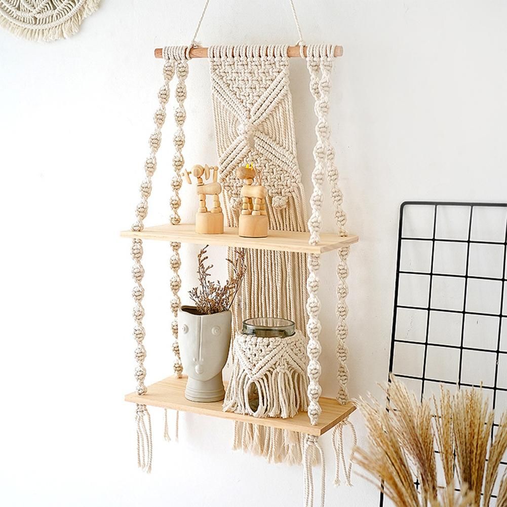 2 Tier Wall Hanging Shelf Wall Decor Decorative Creamy White Hanging Shelf Woven Rope for Bedroom Living Room Bookshelf