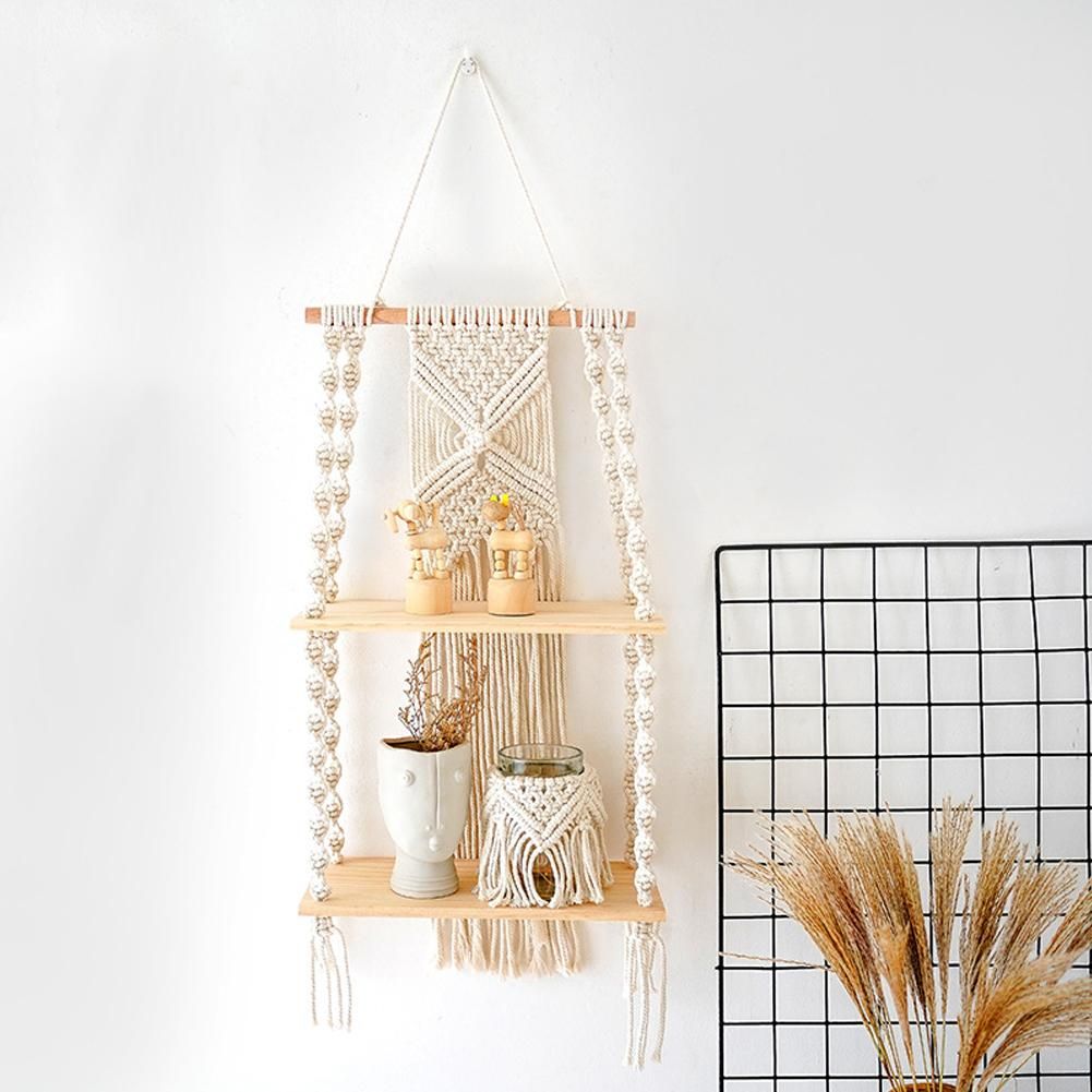 2 Tier Wall Hanging Shelf Wall Decor Decorative Creamy White Hanging Shelf Woven Rope for Bedroom Living Room Bookshelf
