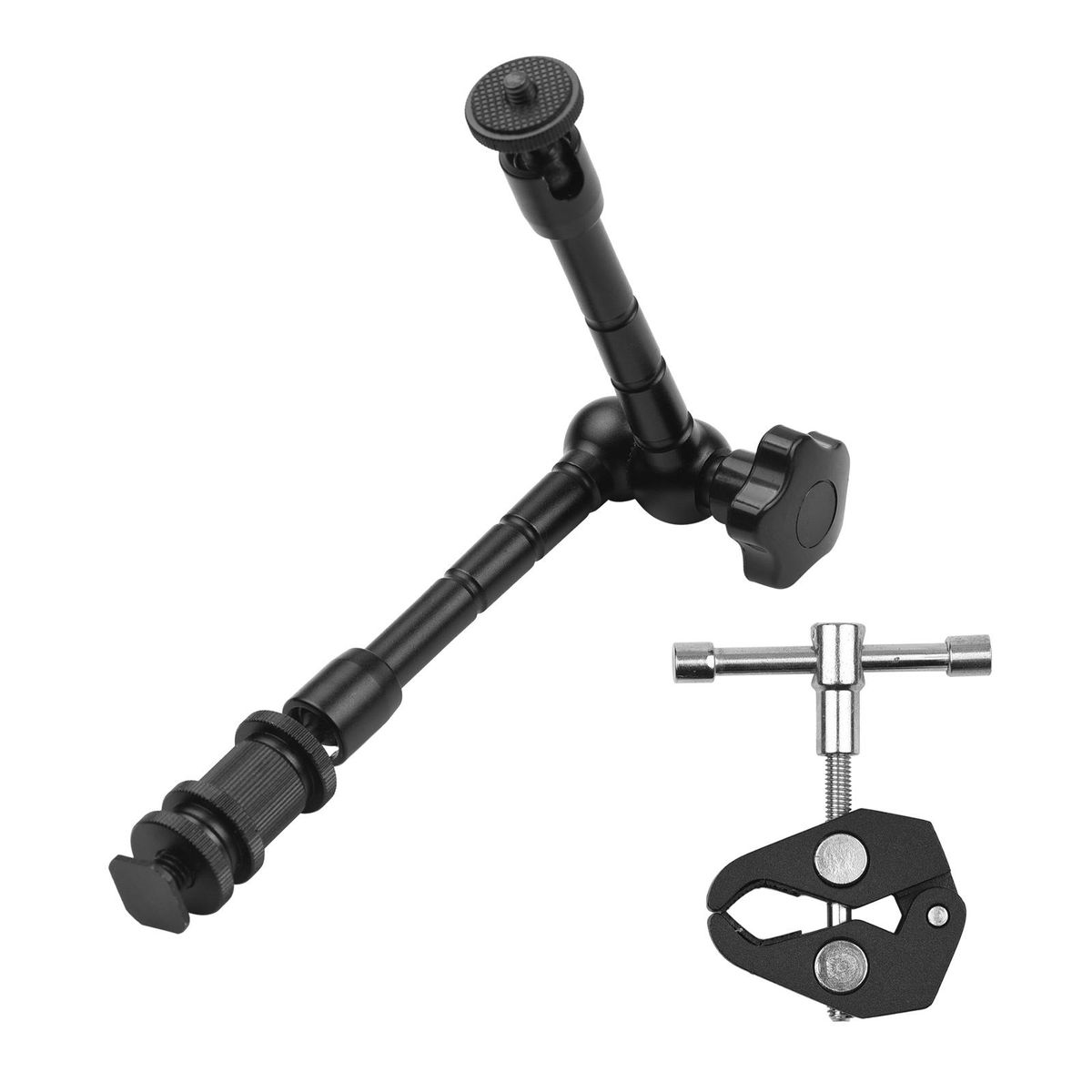 11 Inch Aluminum Alloy Articulating Friction Magic Arm with Cold Shoe Mount + Adjustable Super Clamp Tube Clip with 1/4 Inch & 3/8 Inch Screw Hole for Mounting Video Monitor LED Light Microphone