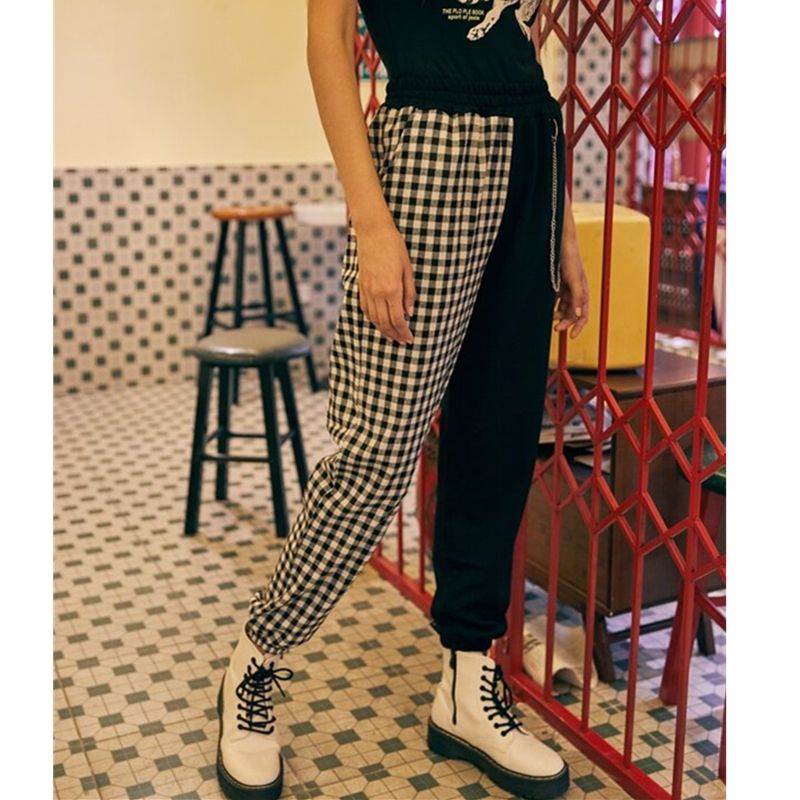Harajuku Women Plaid Patchwork Joggers Cargo Pants Punk S