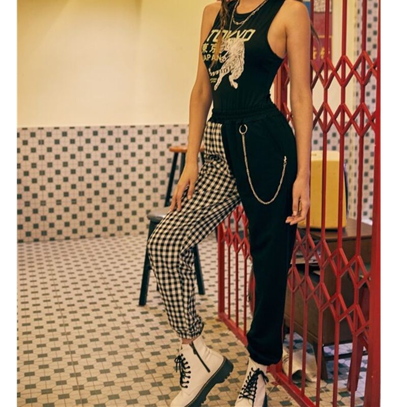 Harajuku Women Plaid Patchwork Joggers Cargo Pants Punk S
