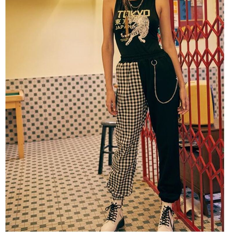 Harajuku Women Plaid Patchwork Joggers Cargo Pants Punk S