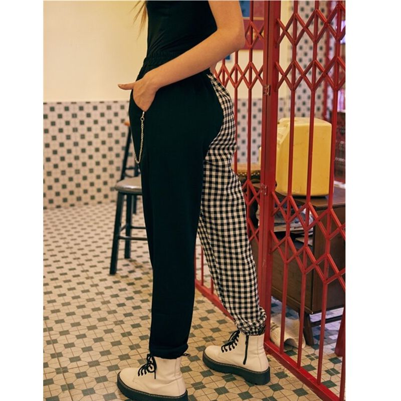 Harajuku Women Plaid Patchwork Joggers Cargo Pants Punk S