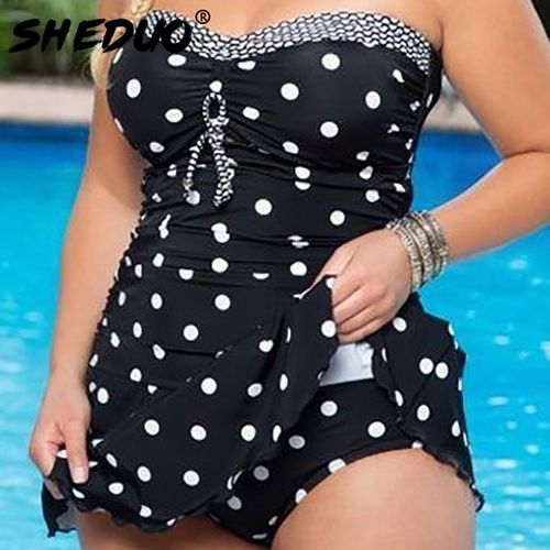 Dots Print Swimwear Brazilian Monokini Skirt Swimsuit Women Bodysuit Plus Size Swimsuit 2017 Vintage Retro Bathing Suit Bikinis(#black)