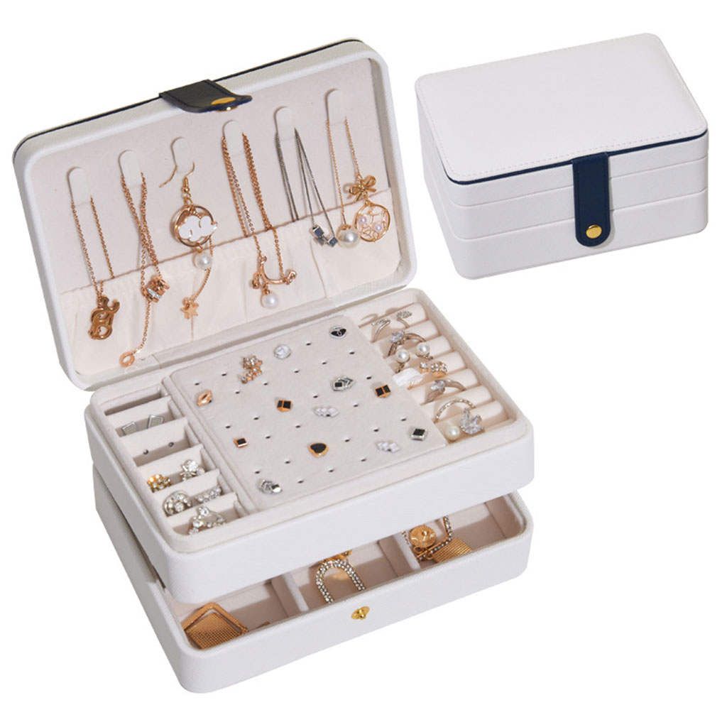 2 Layer Jewelry Box Adjustable Compartments Big Showcase Case White