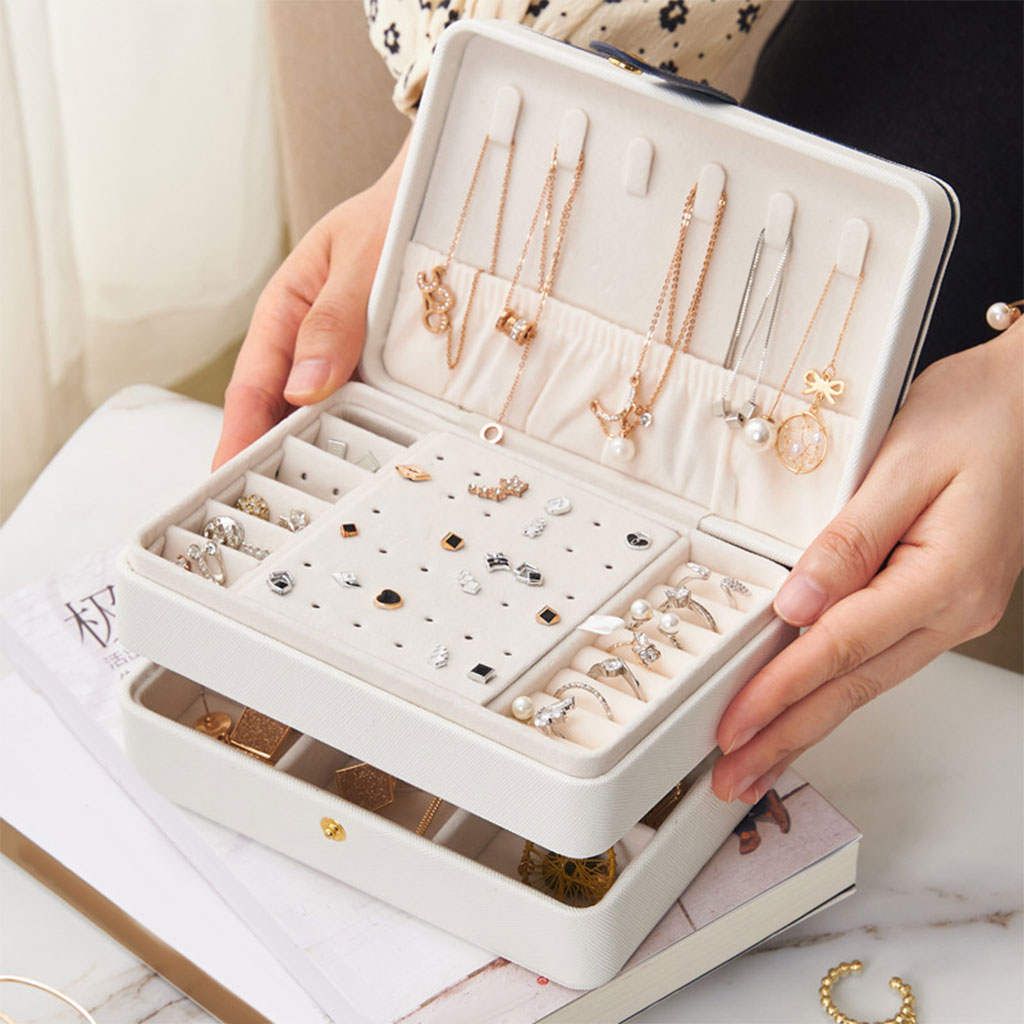 2 Layer Jewelry Box Adjustable Compartments Big Showcase Case White