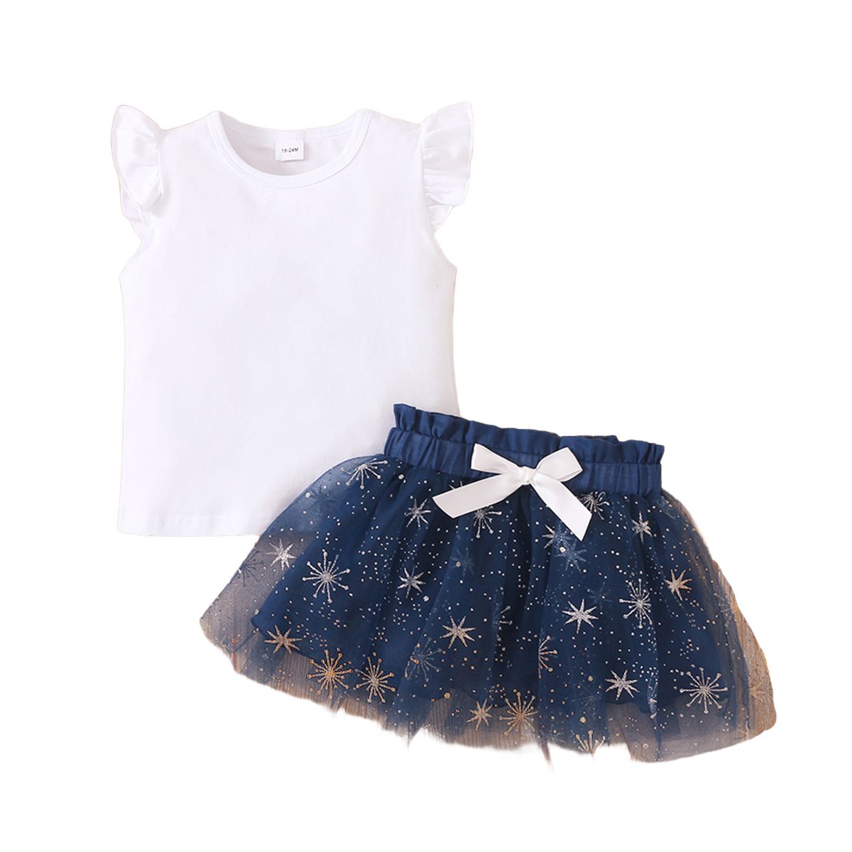1-6 Years Kid Girl 2PCS Set/Plain Color White Fly Sleeveless Tops+Mesh Skirt
