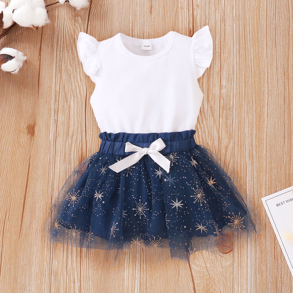 1-6 Years Kid Girl 2PCS Set/Plain Color White Fly Sleeveless Tops+Mesh Skirt
