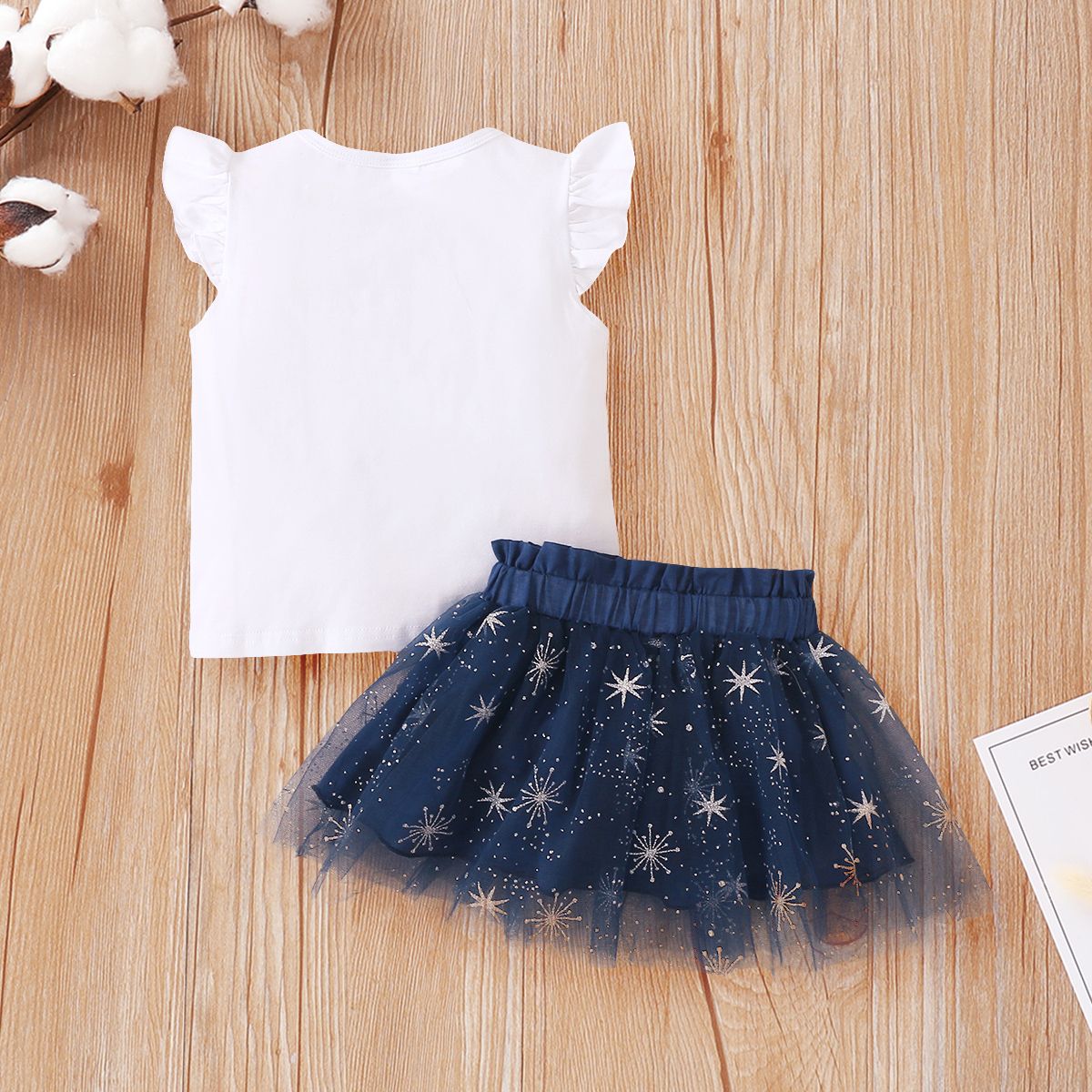 1-6 Years Kid Girl 2PCS Set/Plain Color White Fly Sleeveless Tops+Mesh Skirt