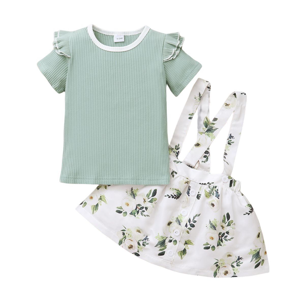 1-6 Years Kid Girl Set Fly Sleeve T-shirt Floral Strap Dress 2pcs Outfits -Green