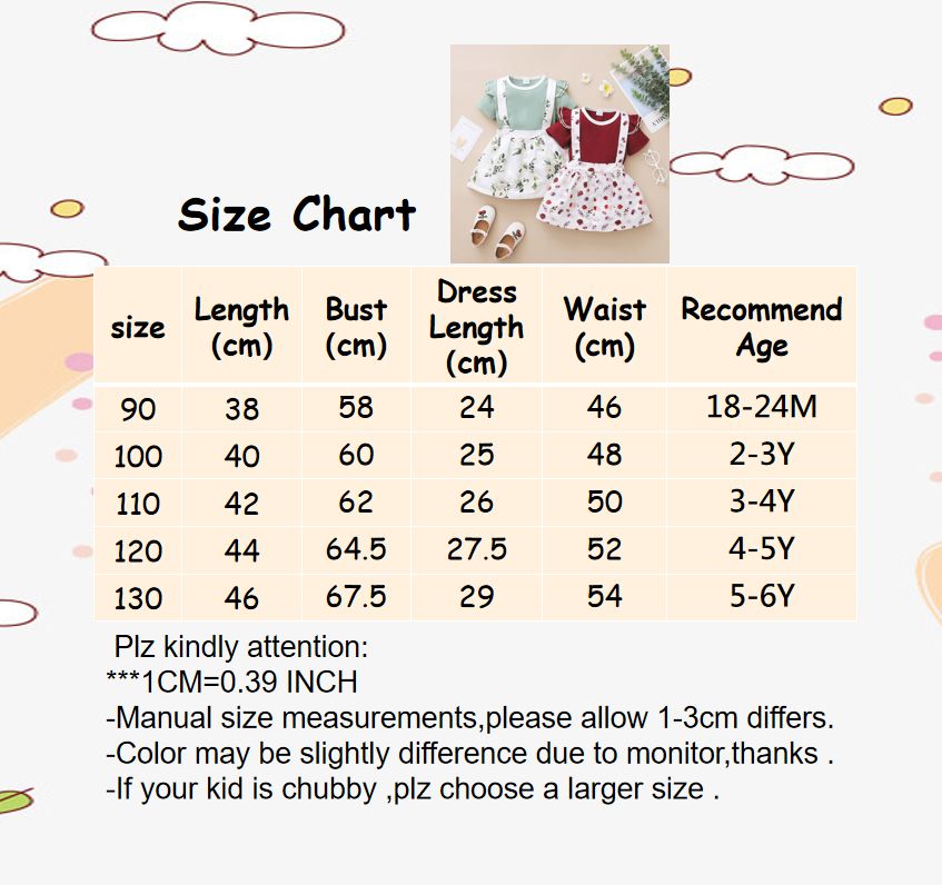 1-6 Years Kid Girl Set Fly Sleeve T-shirt Floral Strap Dress 2pcs Outfits -Green