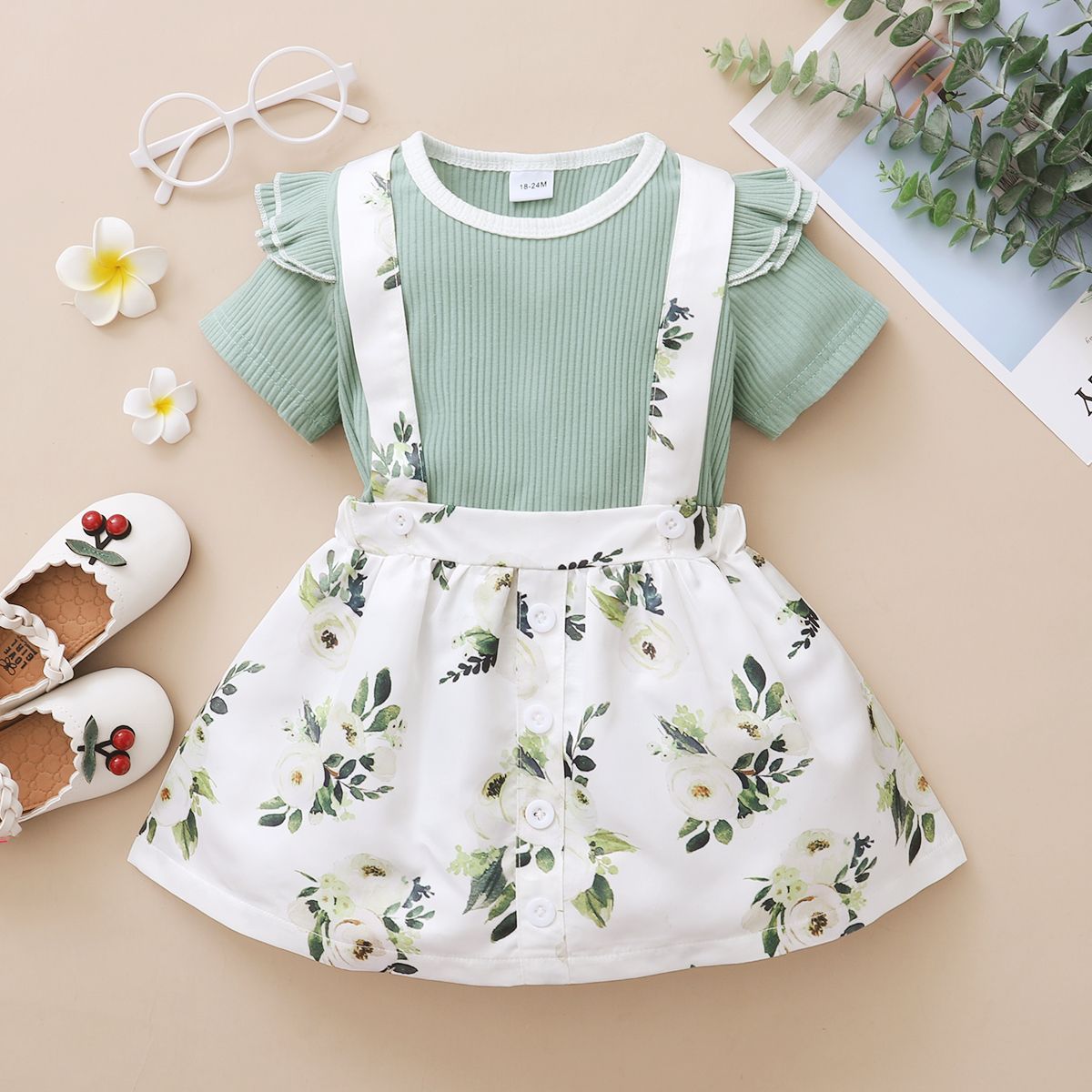 1-6 Years Kid Girl Set Fly Sleeve T-shirt Floral Strap Dress 2pcs Outfits -Green