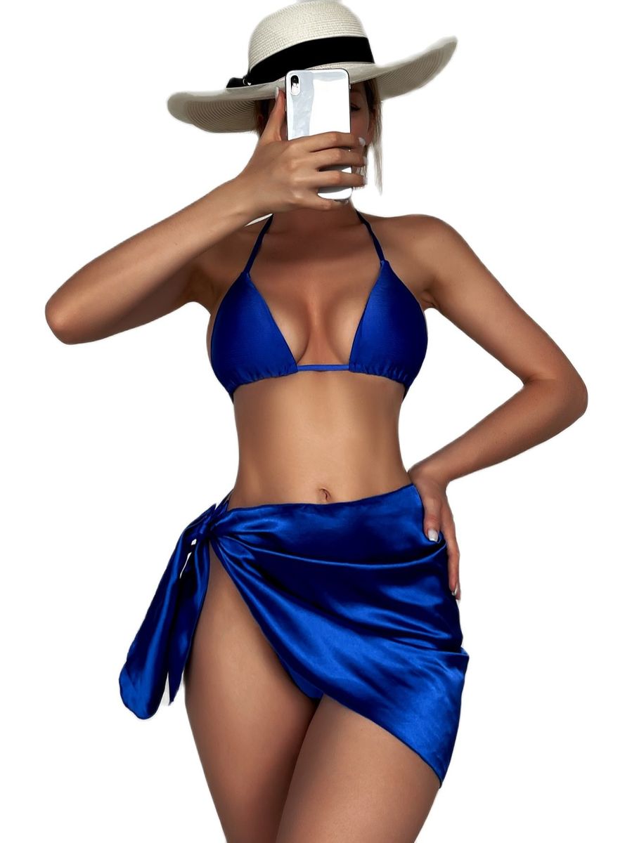 Micro Sexy Solid 3 Piece Satin Set 2022 Women Swimsuit Halter Bikini Set