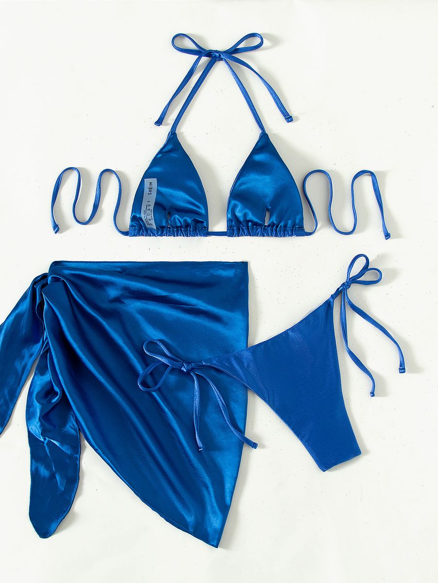 Micro Sexy Solid 3 Piece Satin Set 2022 Women Swimsuit Halter Bikini Set