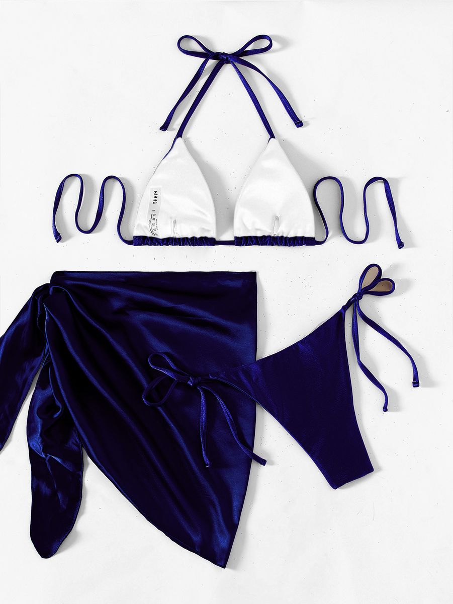 Micro Sexy Solid 3 Piece Satin Set 2022 Women Swimsuit Halter Bikini Set