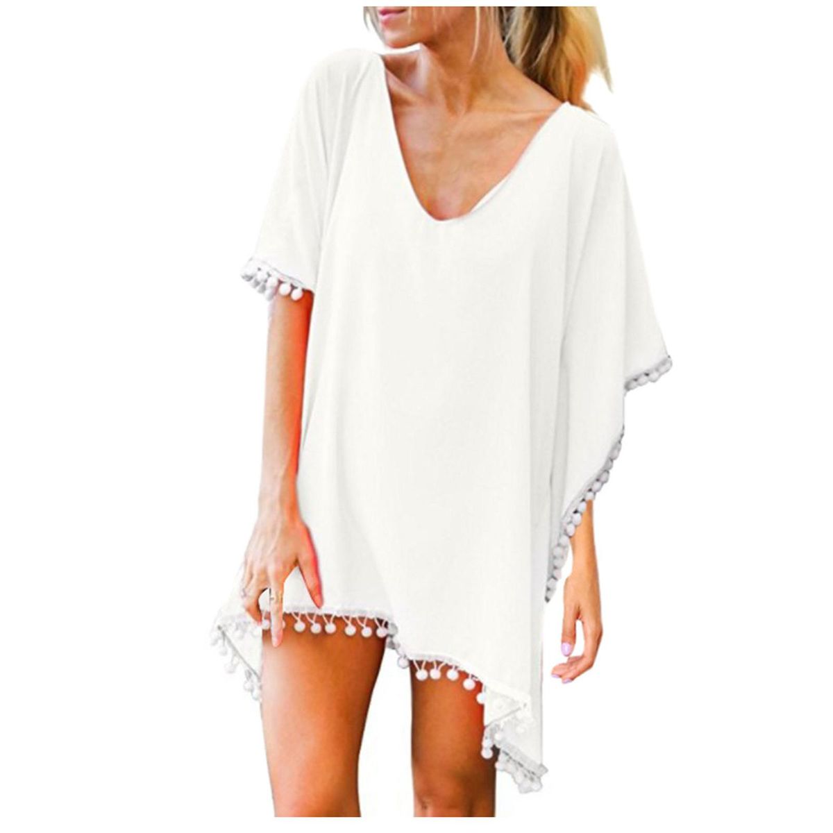 Women's Trim Kaftan Chiffon Tassels Swimwear Beach Loose Bikini Cover Up Tops