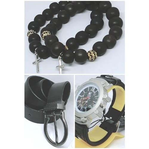 Men Black Pure Leather Belt + Wristwatch + Bracelet