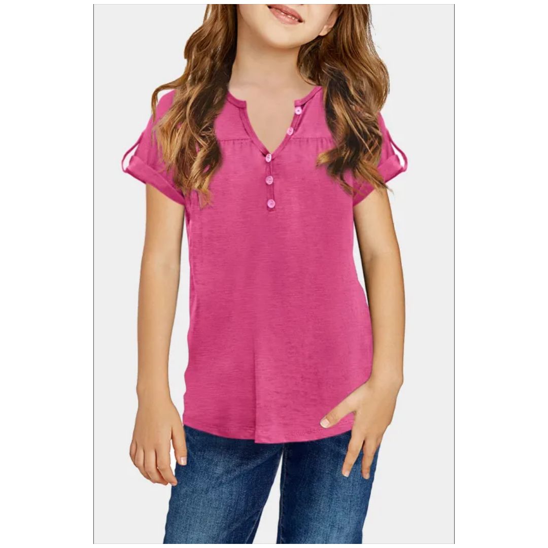 Mfed Rose Roll Up Short Sleeve Girls Top With Buttons