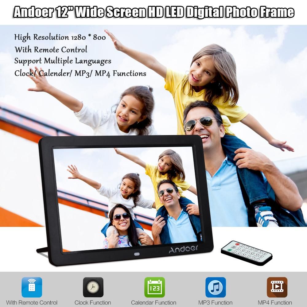 Andoer 12" Wide Screen HD LED Digital Picture Frame Digital Album High Resolution 1280*800 Electronic Photo Frame with Remote Control Multiple Functions Including LED Clock Calendar MP3 MP4 Movie Player Support Multiple Langu