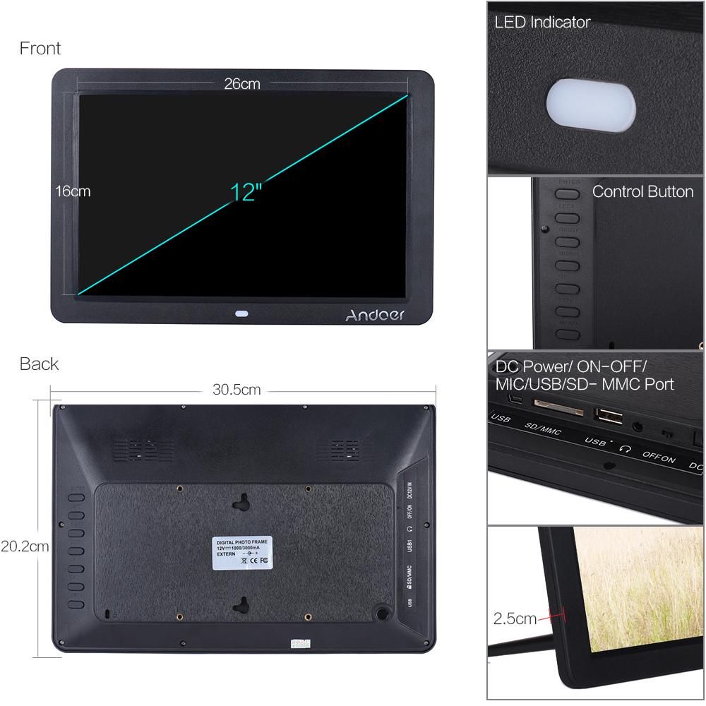 Andoer 12" Wide Screen HD LED Digital Picture Frame Digital Album High Resolution 1280*800 Electronic Photo Frame with Remote Control Multiple Functions Including LED Clock Calendar MP3 MP4 Movie Player Support Multiple Langu