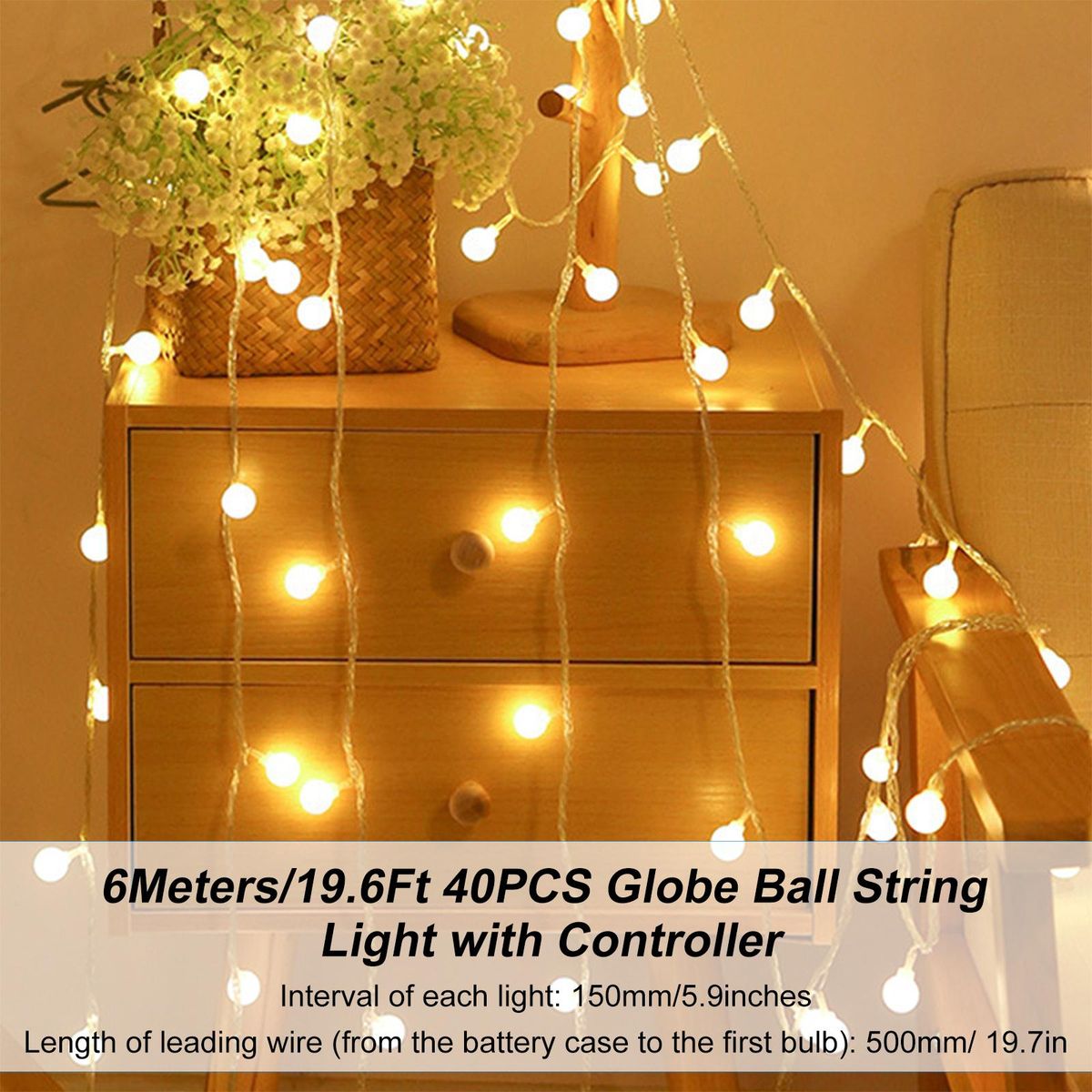 6Meters/19.6Ft 40PCS Globe Ball String Light USB Powered Operated with Controller 6H/18H Timer 3 Levels Dimmable Brightness Adjustable 8 Dynamic Lighting Modes for Holiday Festival Presen Gift Home Party Decoration