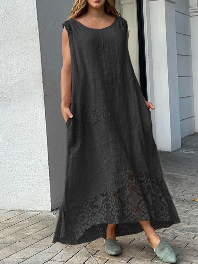 Lace Patchwork Pocket Round Neck Sleeveless Maxi Dress
