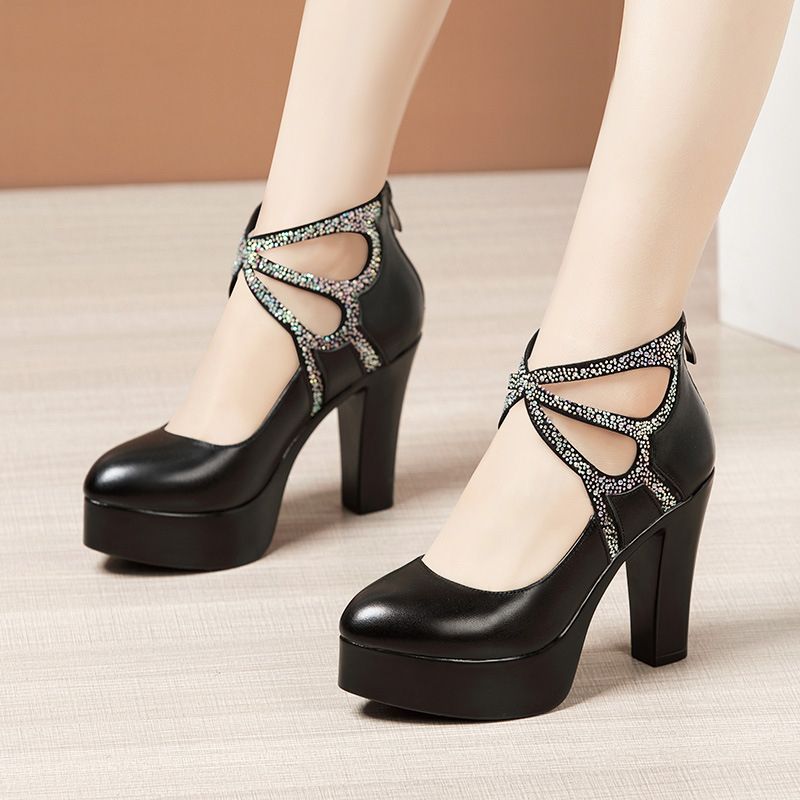 Glittered Ankle Strap Heel Corporate Cover Shoe - Black
