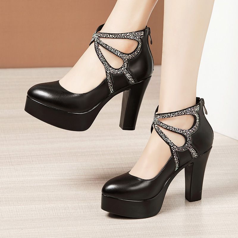 Glittered Ankle Strap Heel Corporate Cover Shoe - Black