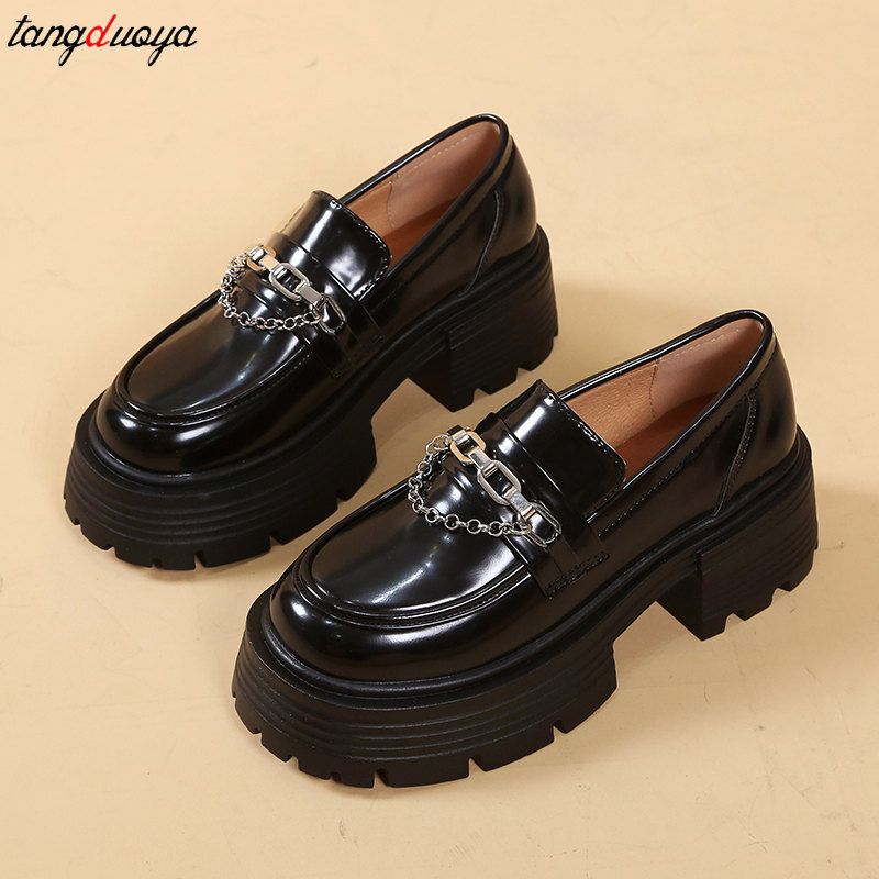 (black Chain)Platform Loafers Female Shoes Women Fashion Mary Janes Round Toe Loafers Oxfords  JIN
