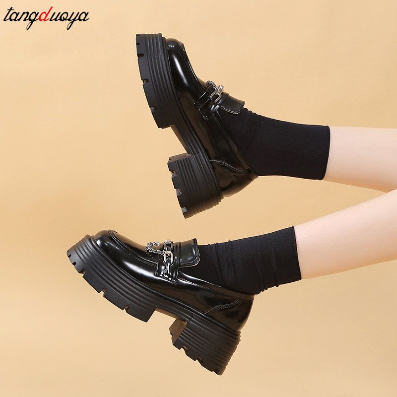 (black Chain)Platform Loafers Female Shoes Women Fashion Mary Janes Round Toe Loafers Oxfords  JIN