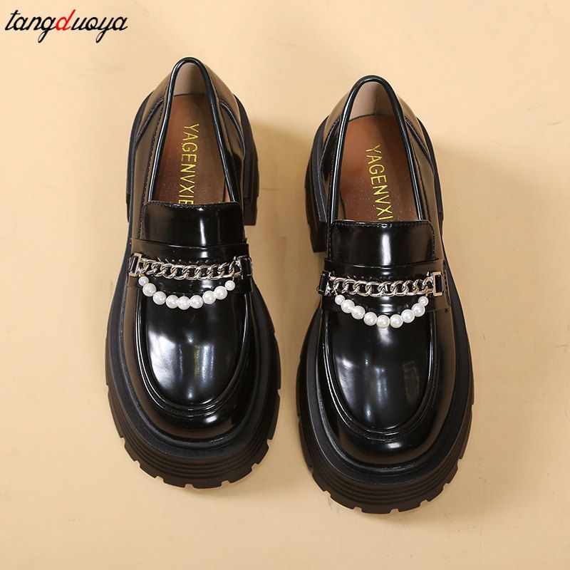 (black Chain)Platform Loafers Female Shoes Women Fashion Mary Janes Round Toe Loafers Oxfords  JIN