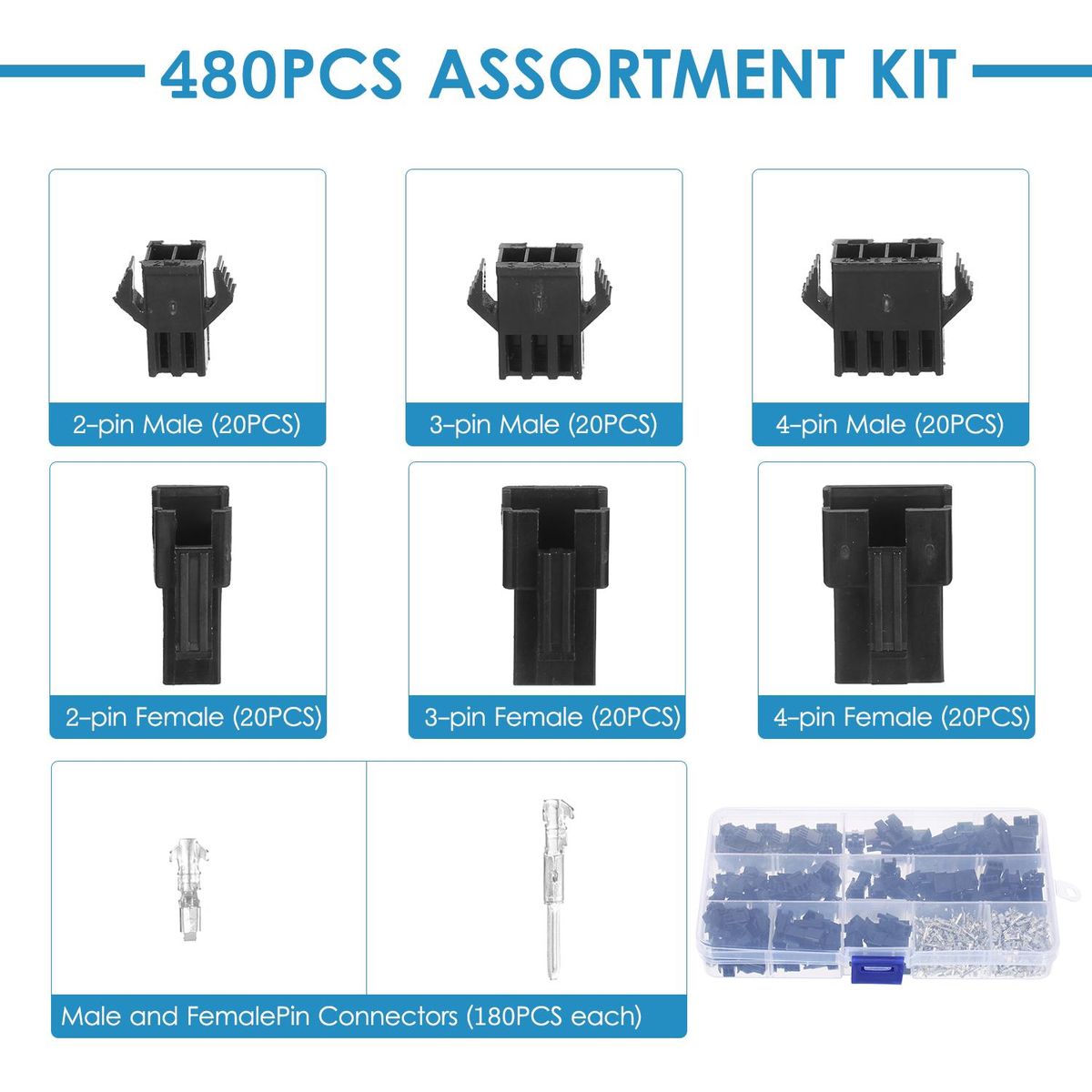 480Pcs JST SM 2.54mm Pitch 2-Pin 3-Pin 4-Pin Connector Housing Assortment Kit Female and Male Dupont Connector Set for Jumper Wire Ribbon Cable PC Fan Header Robots Printer DIY