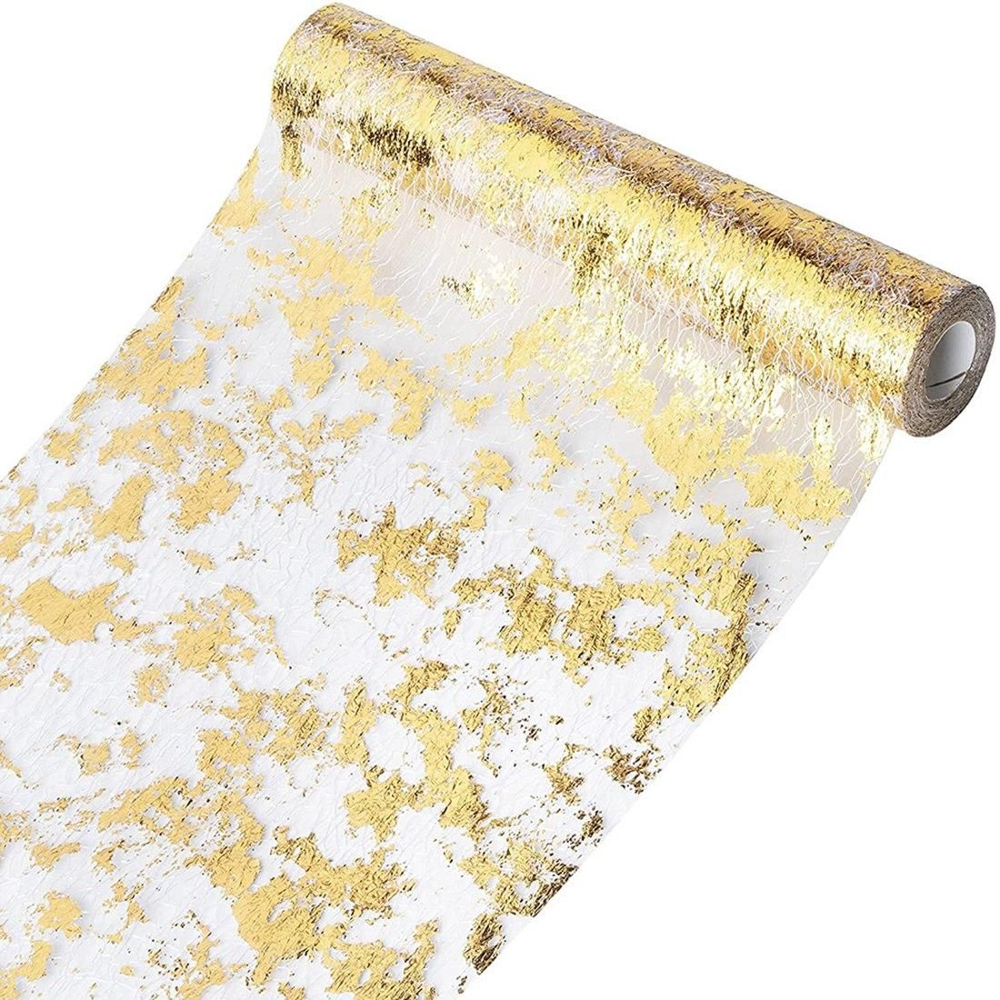 Table Runner, Sparkling Polyester Tulle Ribbon Roll with Gold Foil,Birthday Party Wedding Christmas Decor 28cmx10M