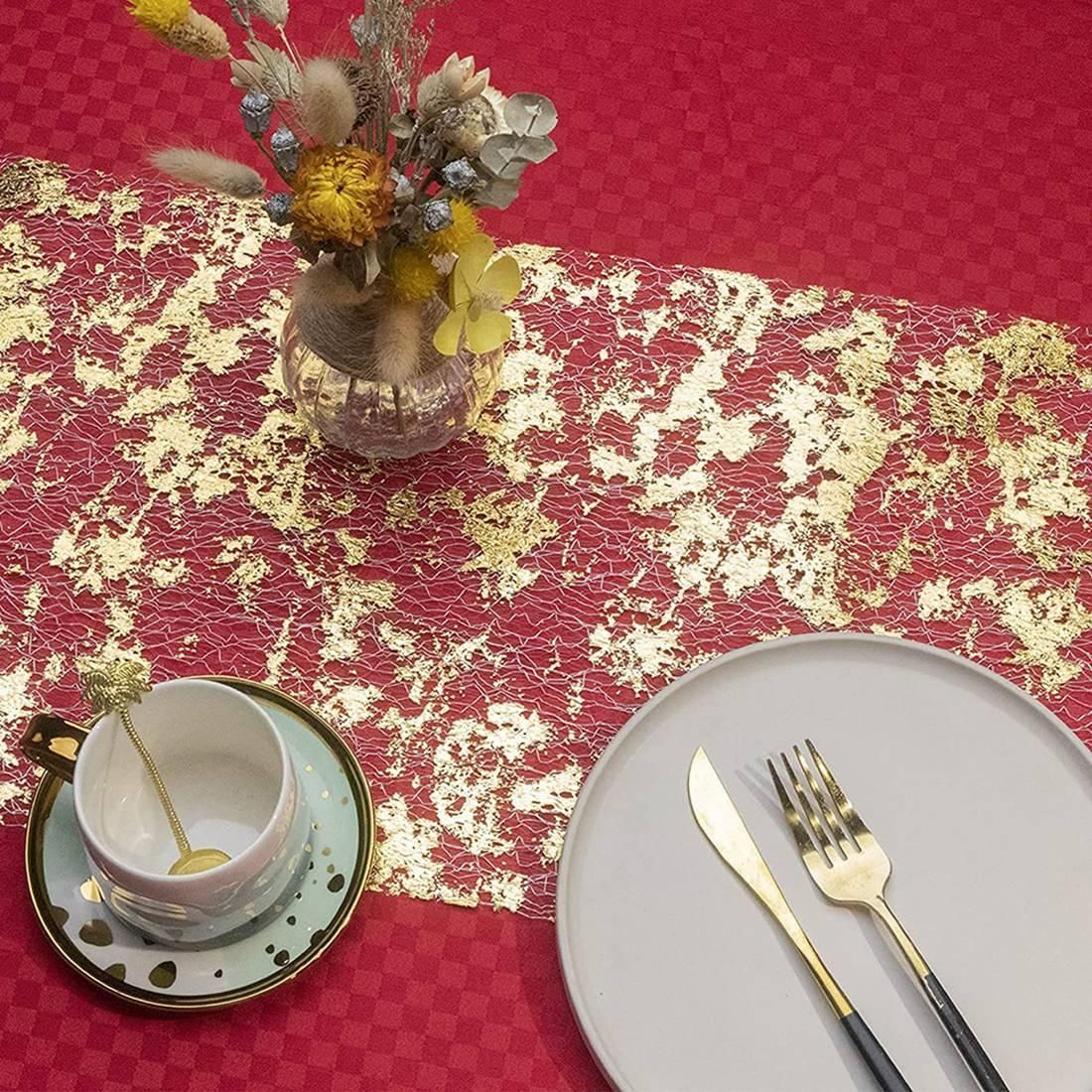 Table Runner, Sparkling Polyester Tulle Ribbon Roll with Gold Foil,Birthday Party Wedding Christmas Decor 28cmx10M