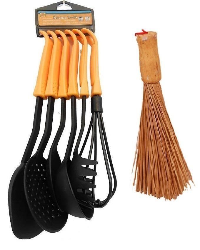 New Kitchen Tools 6pcs (Yellow) Non Stick Kitchen Spoon Set + Big Ewedu Meshing Broom