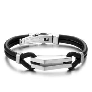 Men's Stainless Steel Triangle Bar Black Rubber Bracelet