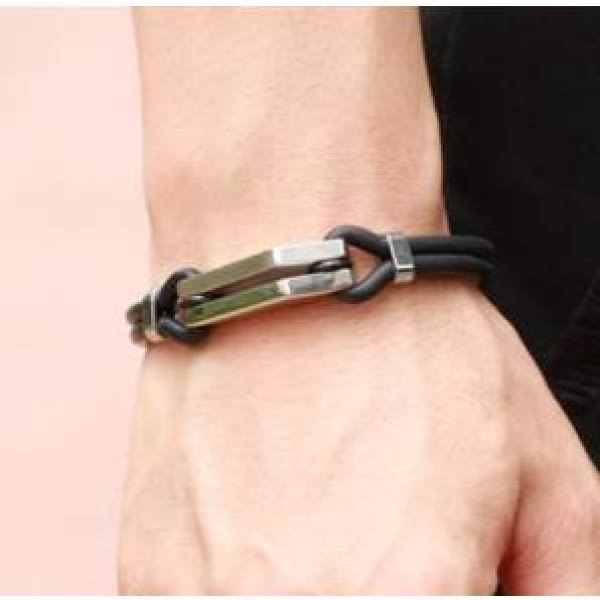 Men's Stainless Steel Triangle Bar Black Rubber Bracelet