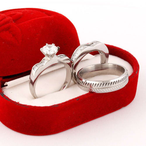 Silver Stone Couple Wedding Ring Set - R2