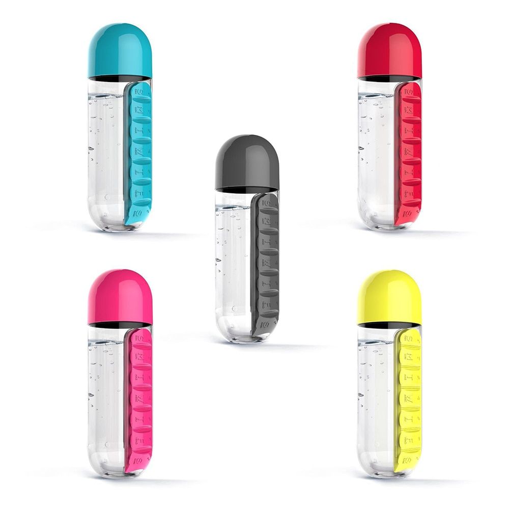 New Portable 600ml Water Bottle Pill Box 2 In 1 Cup