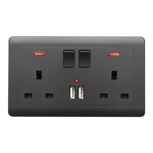 2xDouble Wall UK Plug Socket 2 Gang 13A 2 USB Charger Port  Black