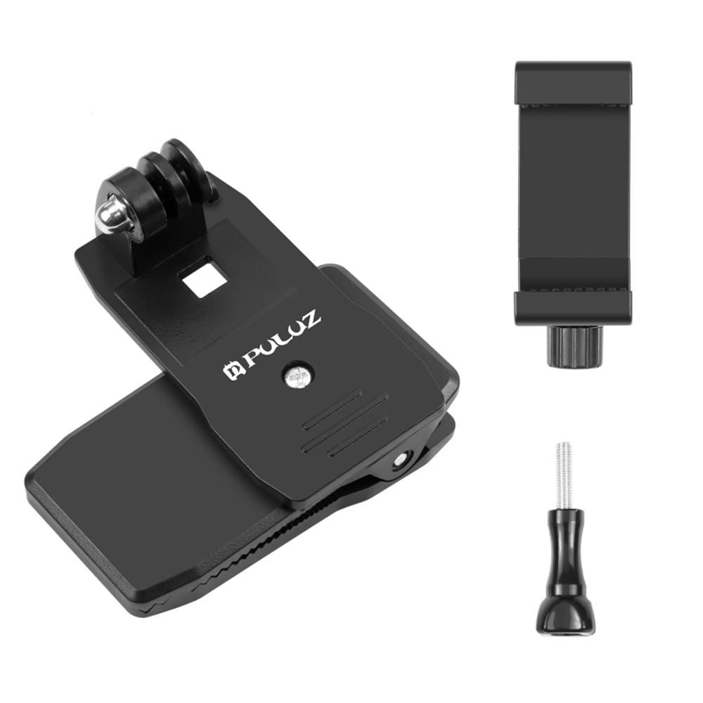 PULUZ Backpack Shoulder Strap Mount Backpack Clip Replacement for GoPro Hero 11/10/9 Osmo Pocket Insta360 Action Cameras with Phone Holder for Smartphones