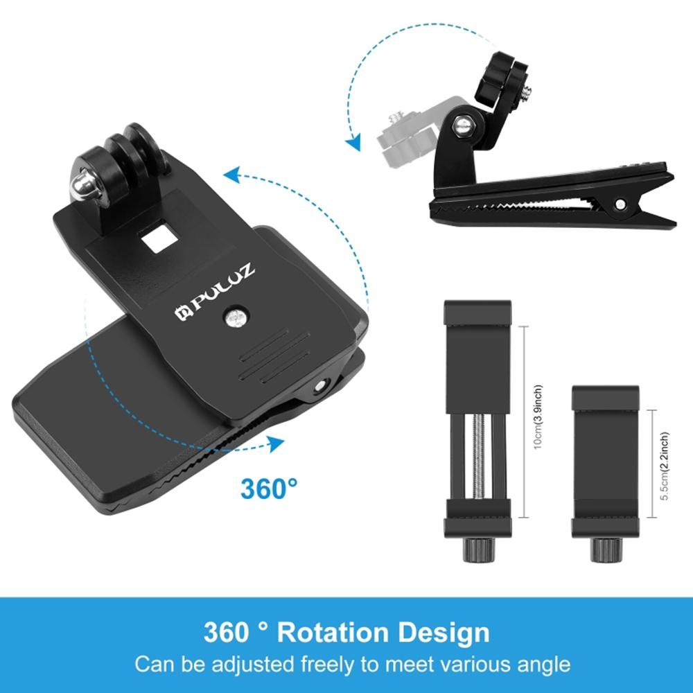 PULUZ Backpack Shoulder Strap Mount Backpack Clip Replacement for GoPro Hero 11/10/9 Osmo Pocket Insta360 Action Cameras with Phone Holder for Smartphones