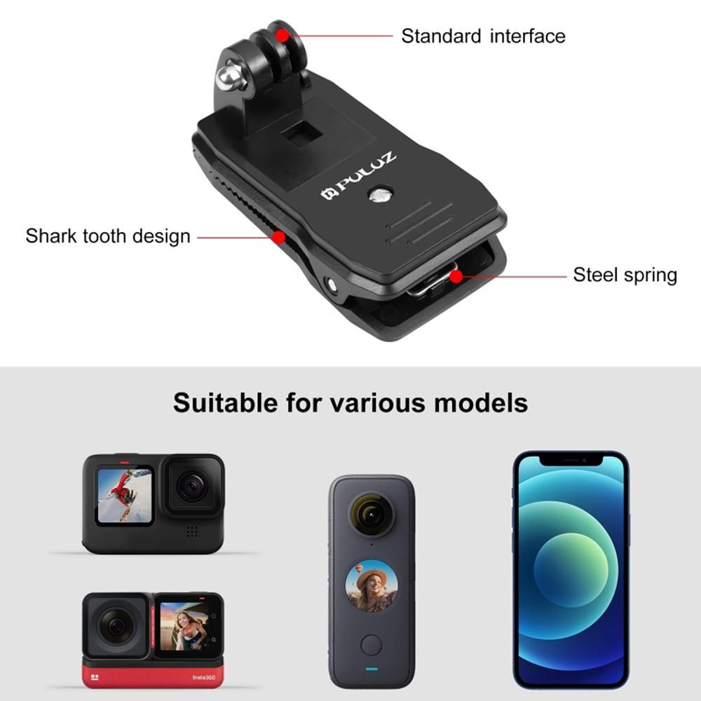 PULUZ Backpack Shoulder Strap Mount Backpack Clip Replacement for GoPro Hero 11/10/9 Osmo Pocket Insta360 Action Cameras with Phone Holder for Smartphones