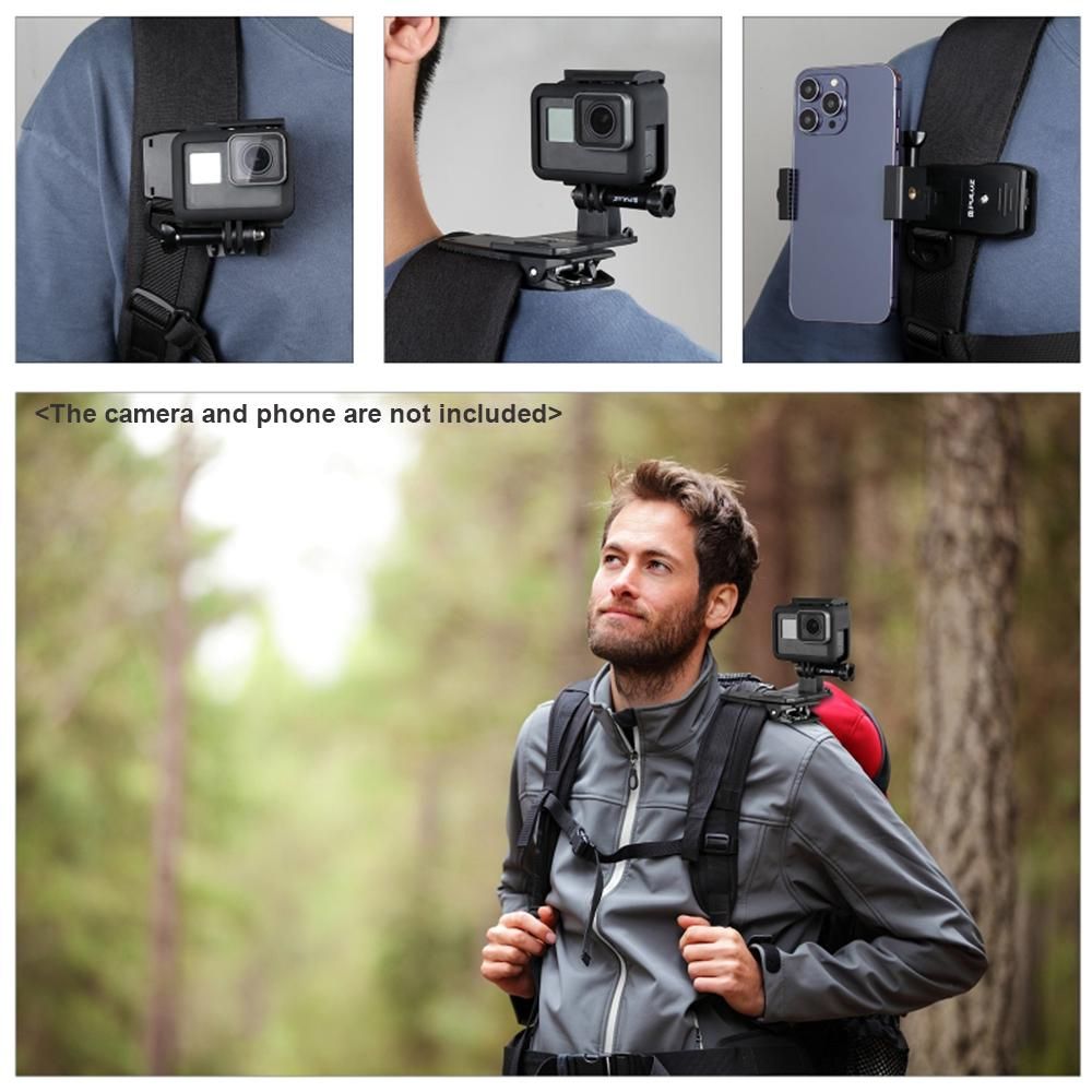 PULUZ Backpack Shoulder Strap Mount Backpack Clip Replacement for GoPro Hero 11/10/9 Osmo Pocket Insta360 Action Cameras with Phone Holder for Smartphones