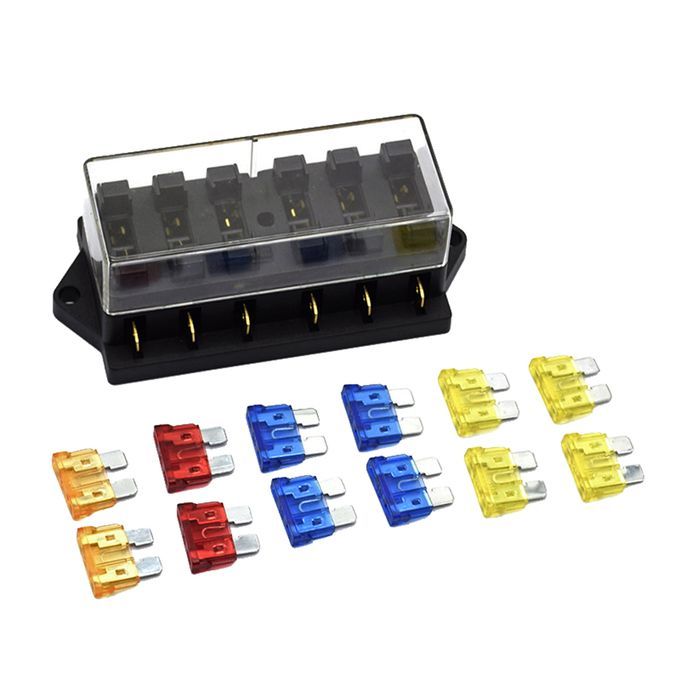 Car 6-Way Blades Circuit Fuse Box Holder 5A/10A/15A/20A Fuses For