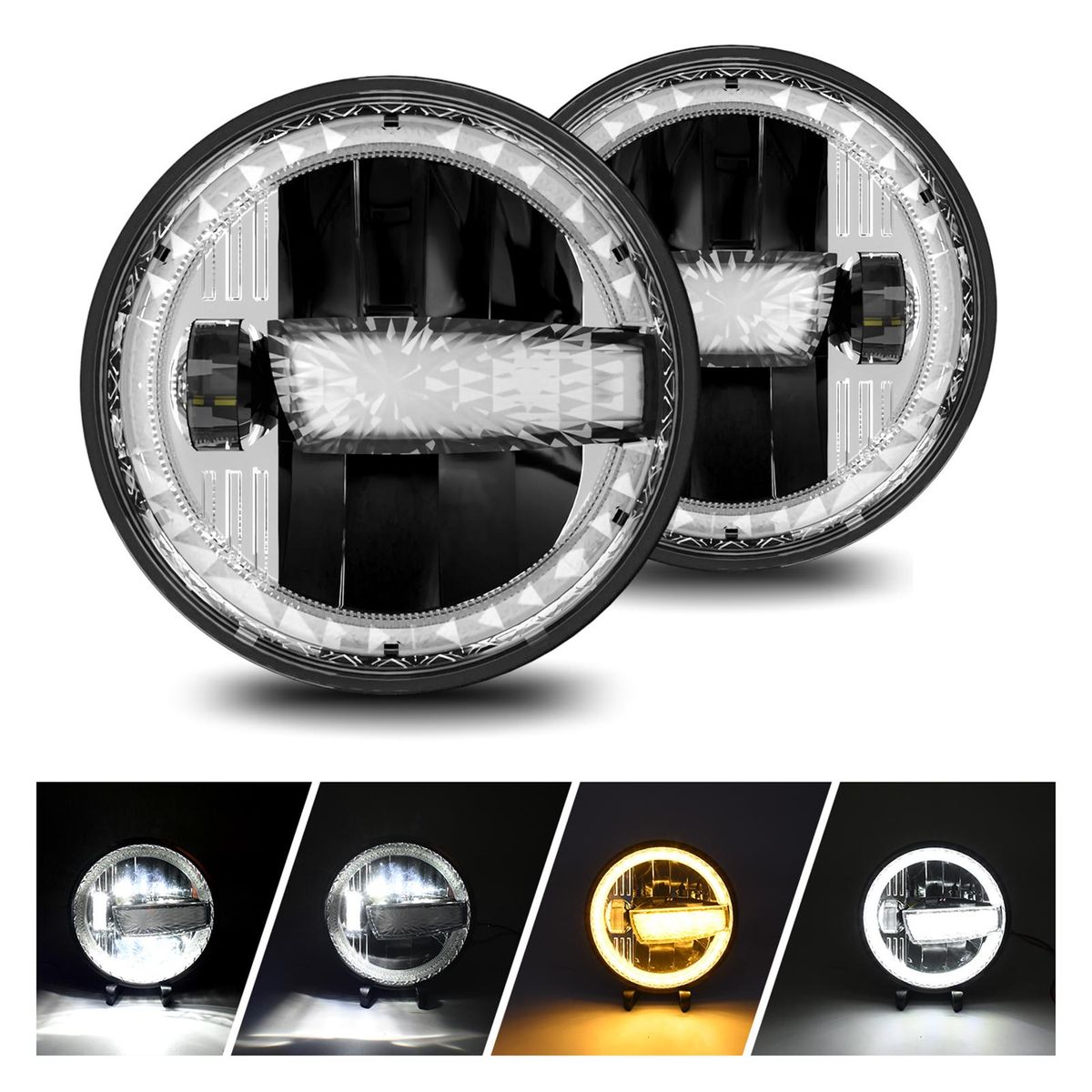 7 Inch Car LED Headlights with High/ Low Beam DRL Turn Signal Light 6000K/3000K 300W Waterproof Round Headlights