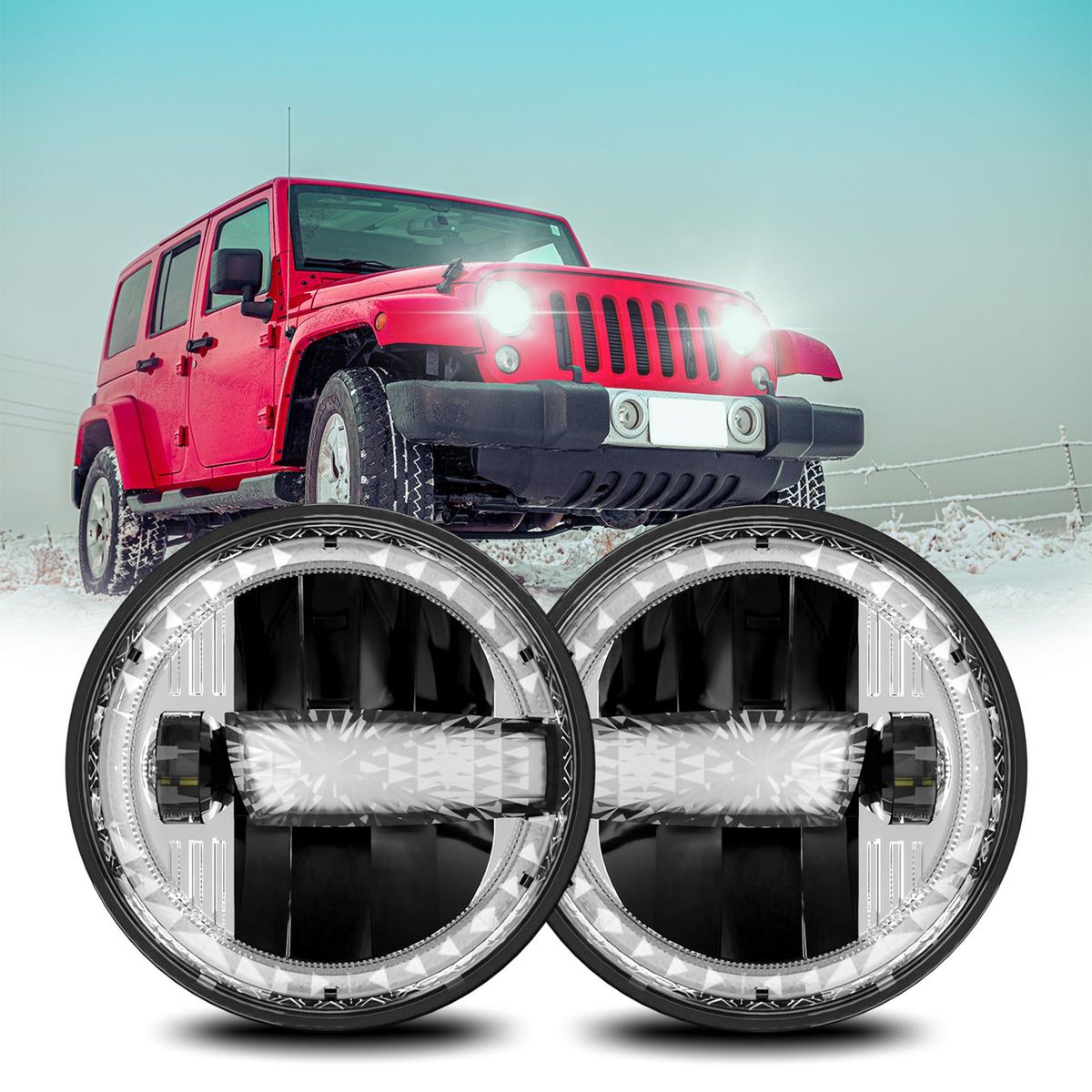 7 Inch Car LED Headlights with High/ Low Beam DRL Turn Signal Light 6000K/3000K 300W Waterproof Round Headlights