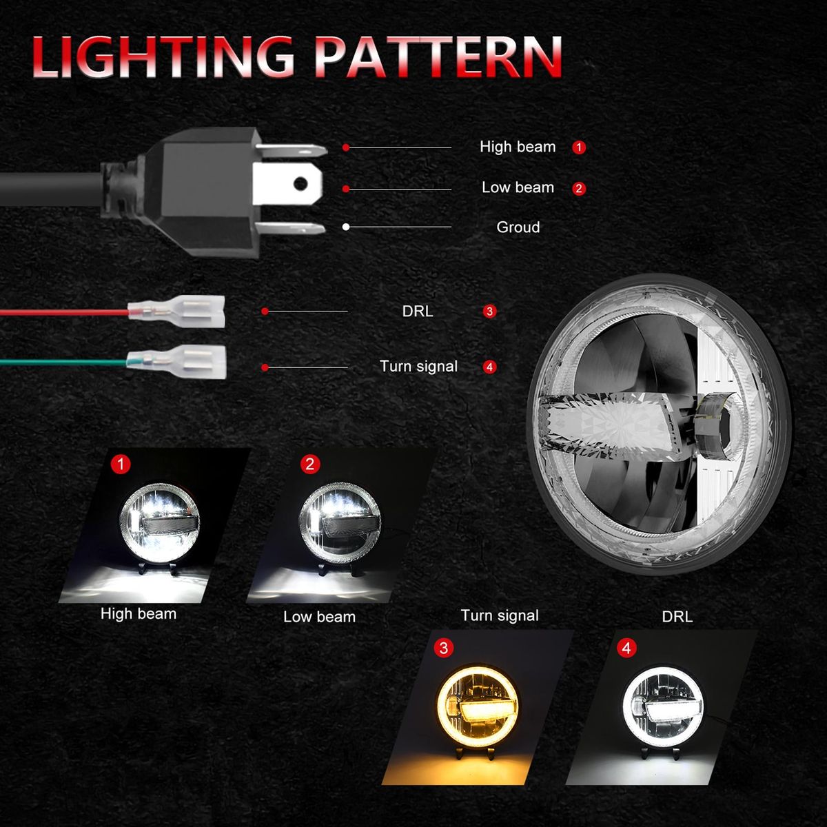 7 Inch Car LED Headlights with High/ Low Beam DRL Turn Signal Light 6000K/3000K 300W Waterproof Round Headlights