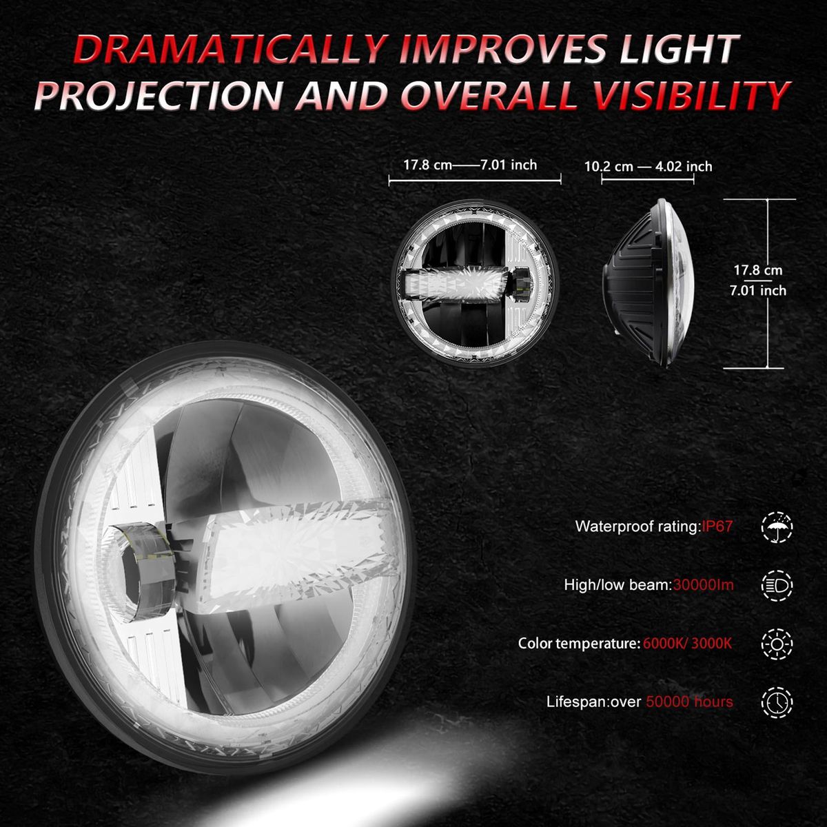 7 Inch Car LED Headlights with High/ Low Beam DRL Turn Signal Light 6000K/3000K 300W Waterproof Round Headlights