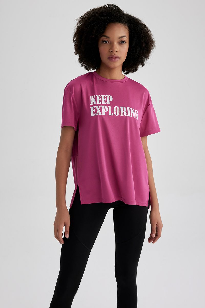 Woman Loose Fit Crew Neck Knitted Short Sleeve T-Shirt - Pink